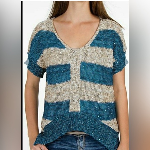 BKE Buckle Striped Sequin V Neck Short Sleeve Sweater - Picture 3 of 11